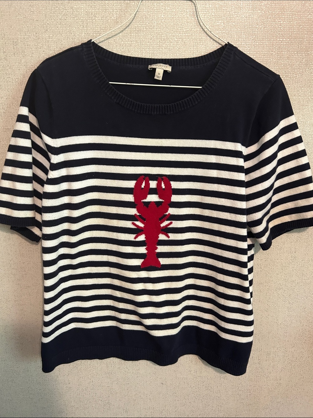 Talbots Navy & White Striped Short-Sleeve Sweater with Red Lobster